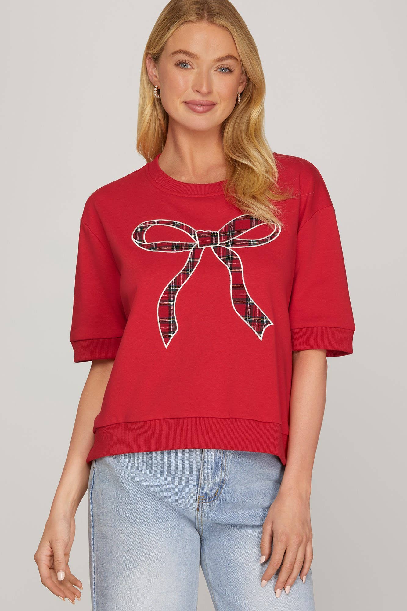 Plaid Bow Knit Top - Red