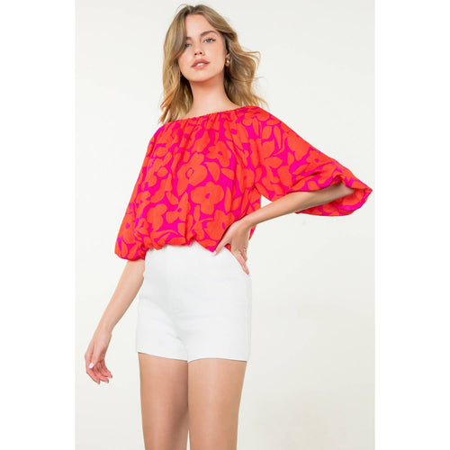 Floral Balloon Sleeve Blouse - Red