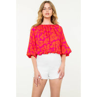 Floral Balloon Sleeve Blouse - Red