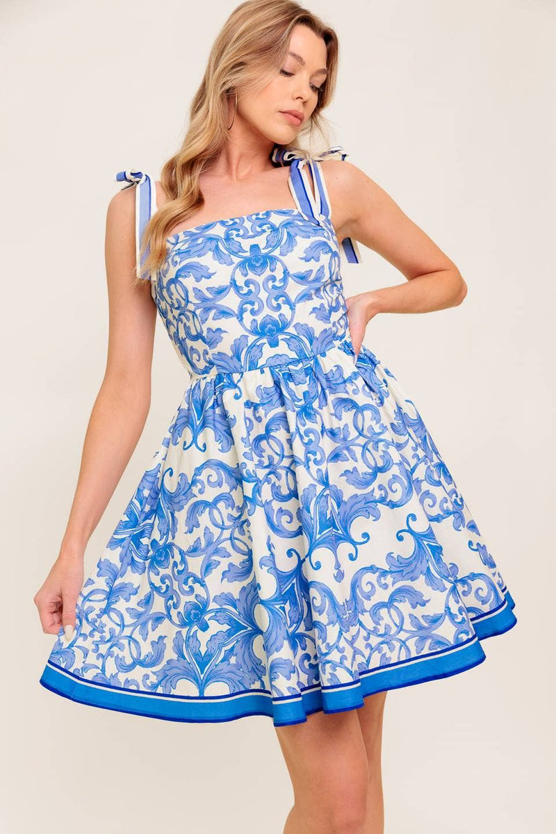 Printed Woven Mini Dress - Blue/Ivory