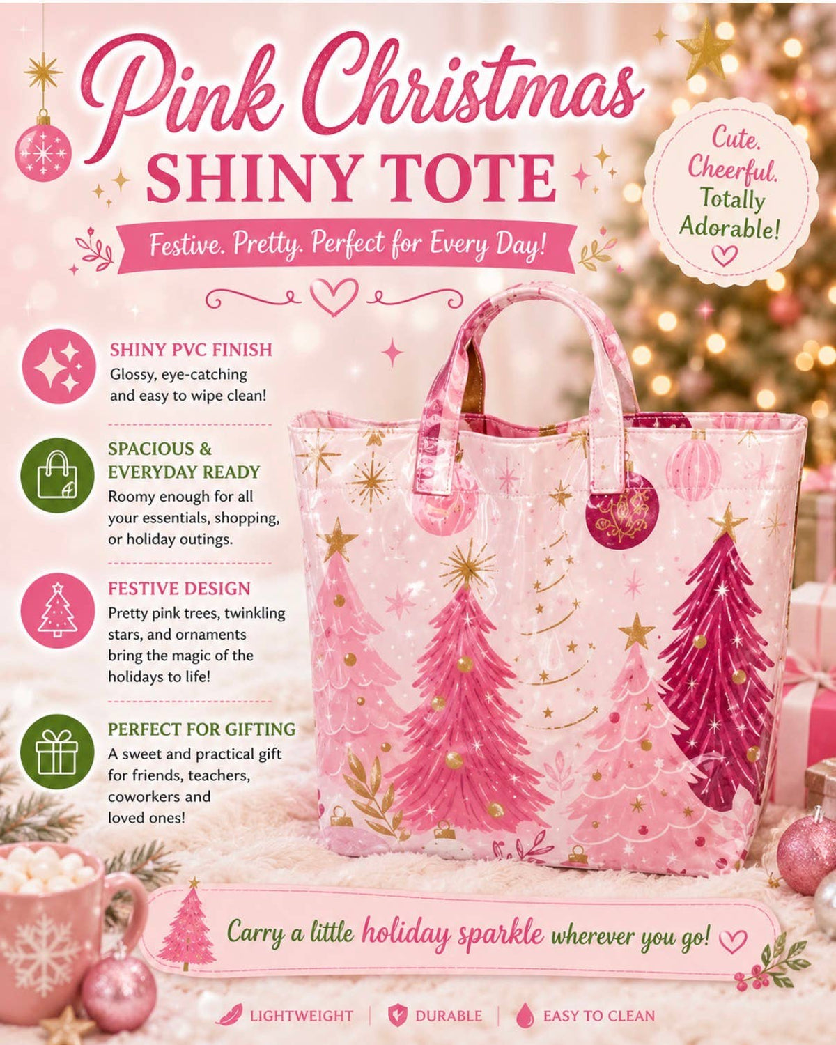 Pink Christmas Sparkle Tote