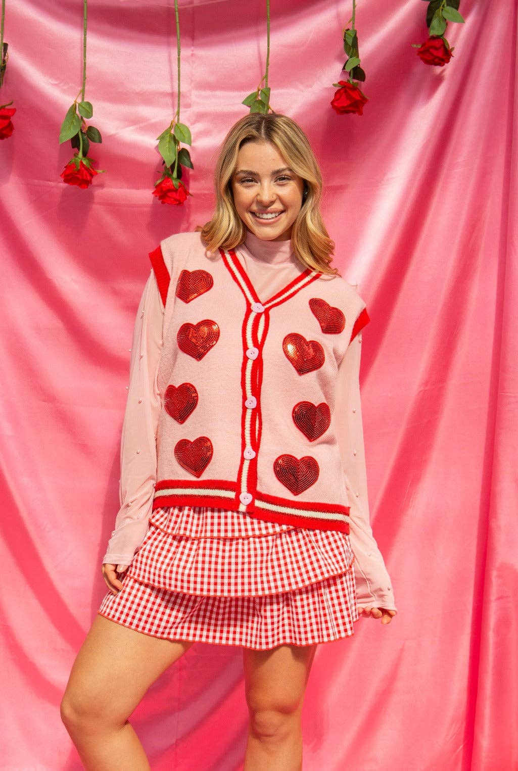 Sequin Hearts Sweater Vest - Pink