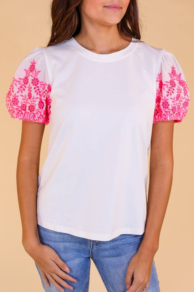 White Top With Pink Eyelet Sleeves