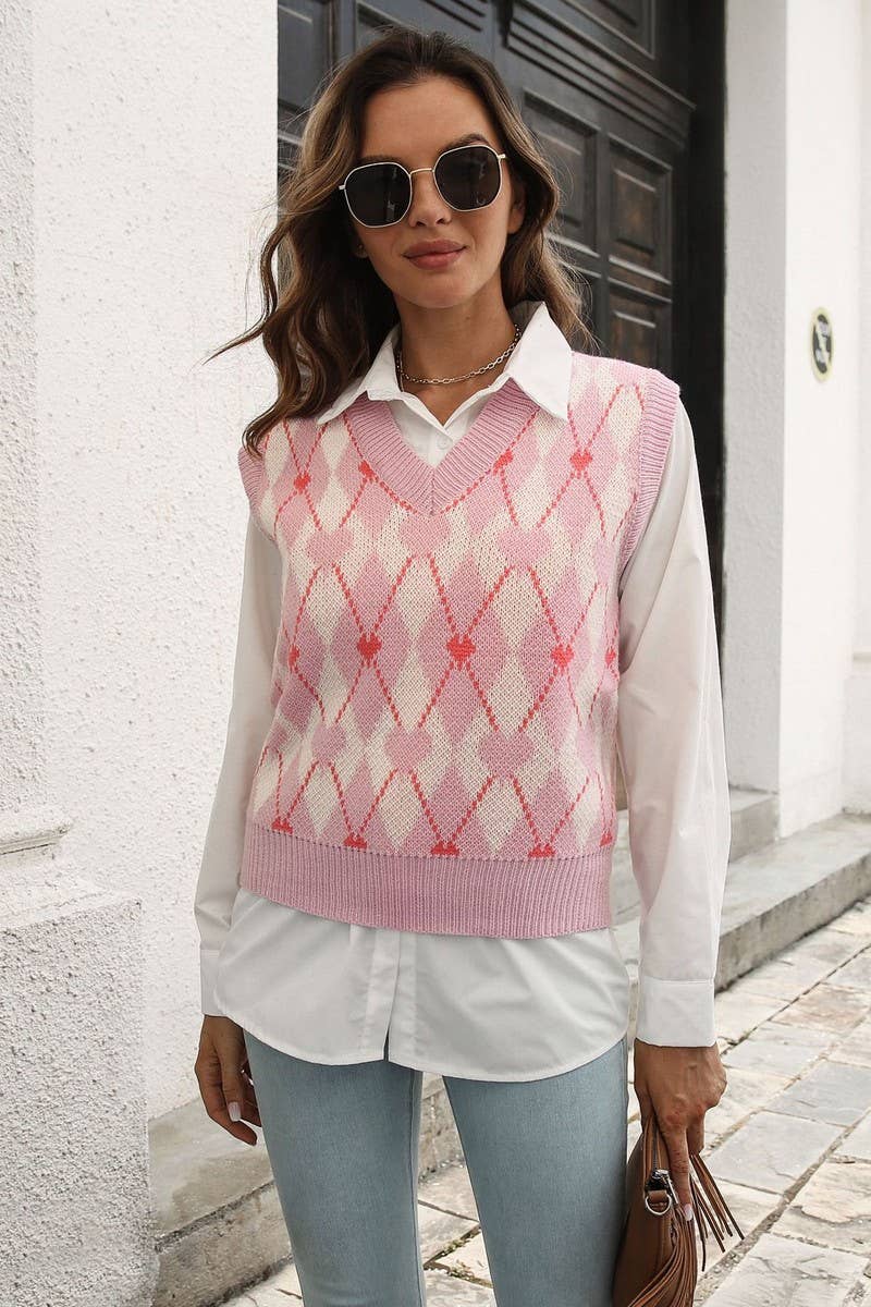 Jacquard Diamond Sweater Vest - Pink