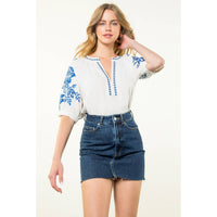 Embroidered Puff Sleeve Top - White