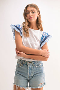 Floral Striped Sleeve Blouse - Blue