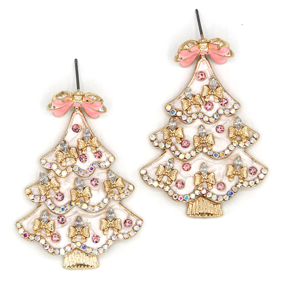 Bow Christmas Tree Earrings - White