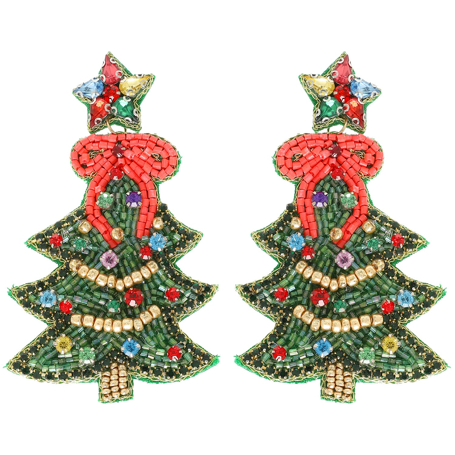 Christmas Tree Beaded Earrings - Green