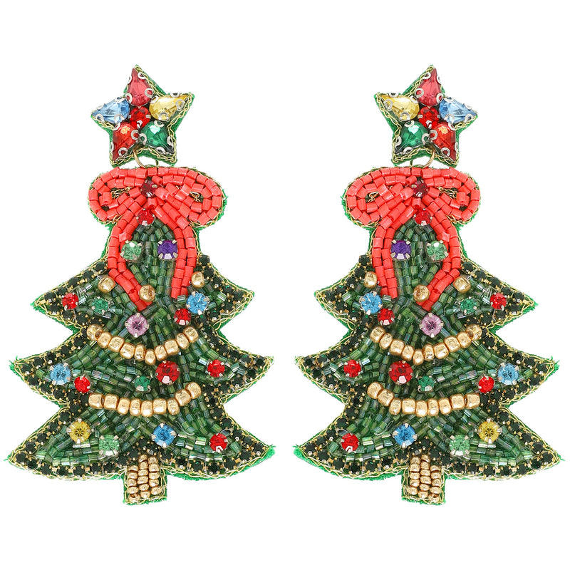 Christmas Tree Beaded Earrings - Green