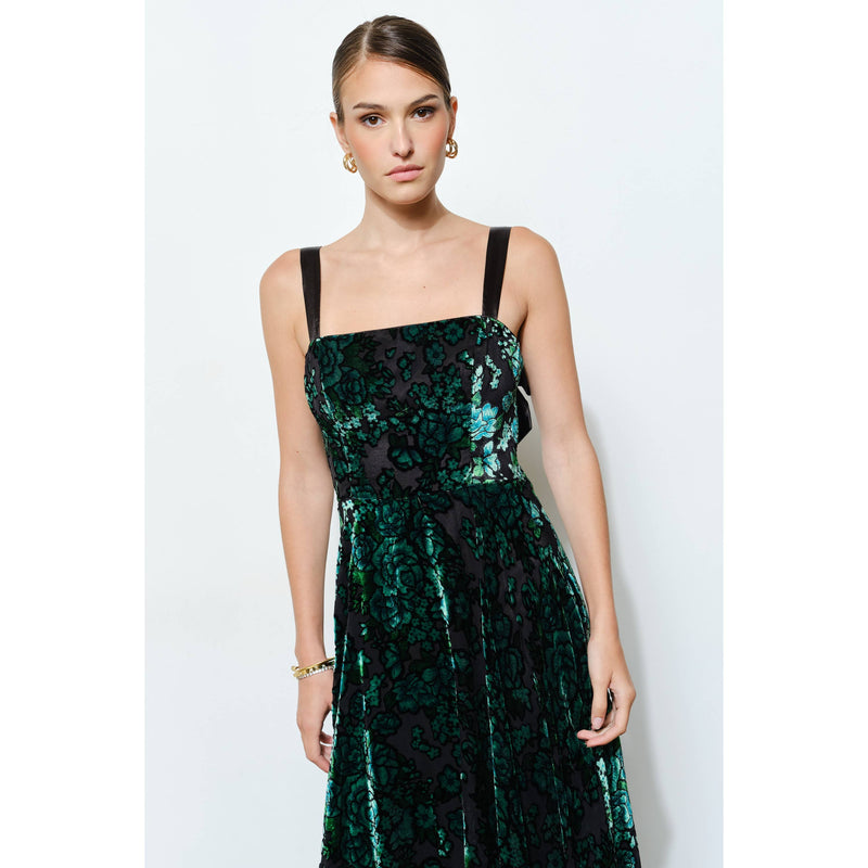 Velvet Floral Maxi Dress - Green