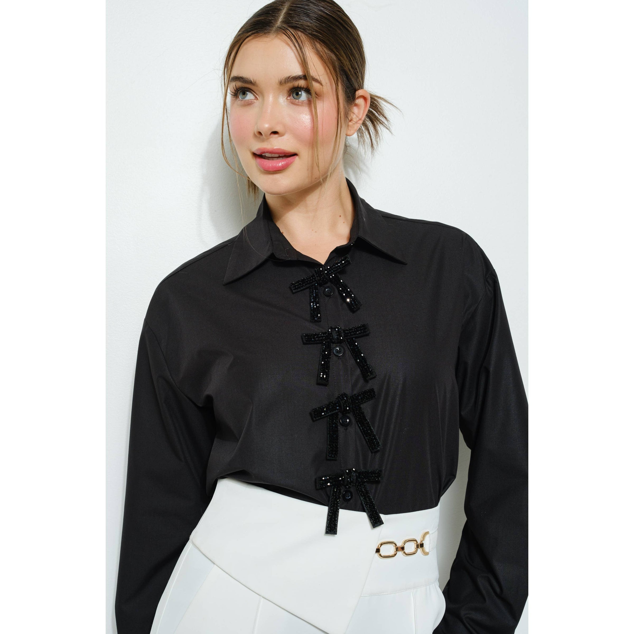 Rhinestone Bow Blouse - Black
