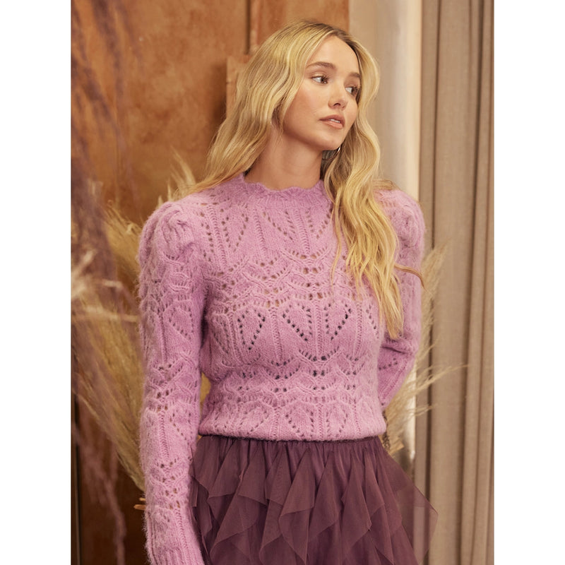 Pointelle Puff Sleeve Sweater - Lavender