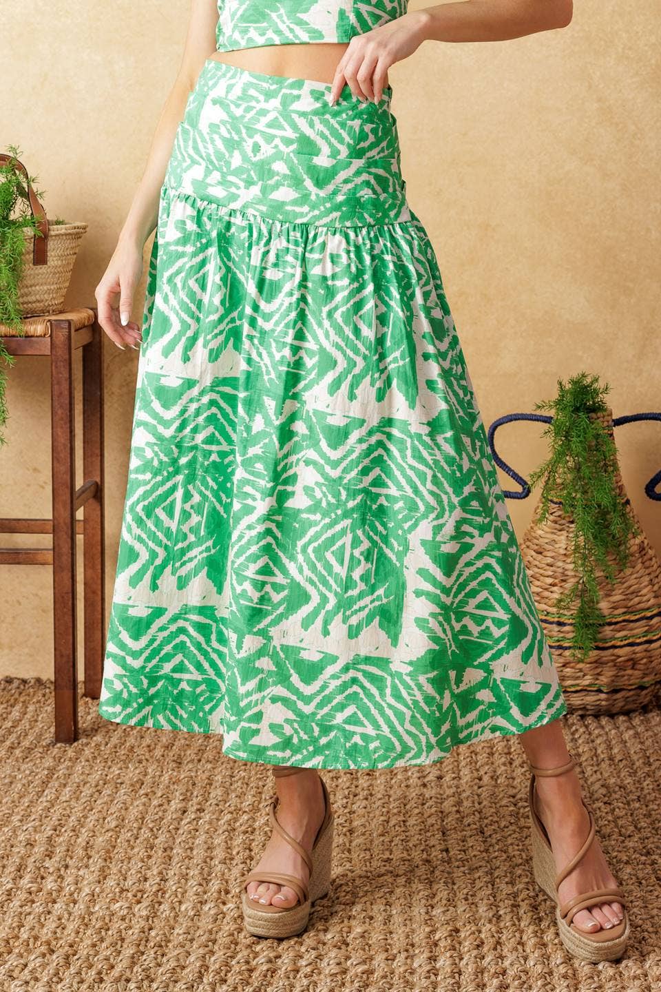 Pleated Floral Midi Skirt - Green Ivory