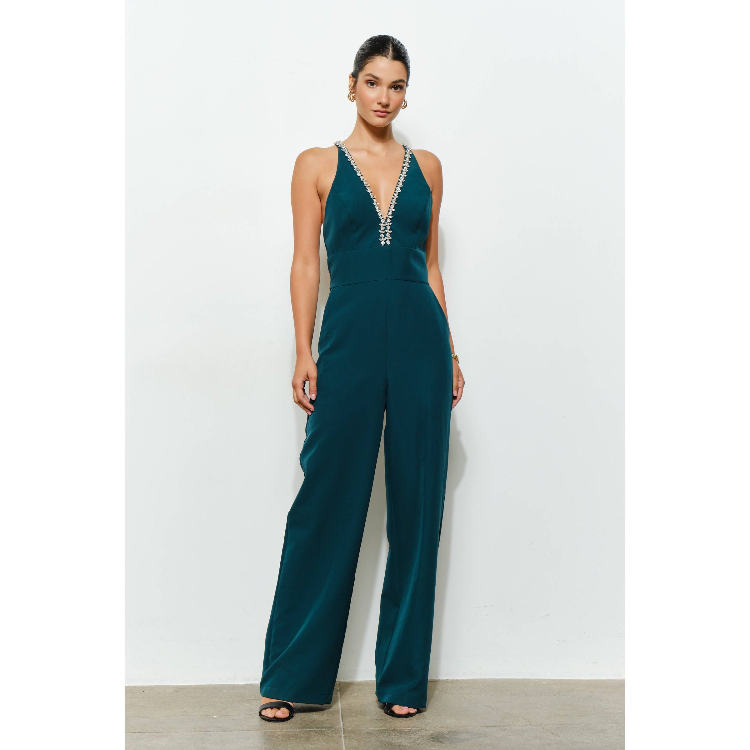 Crystal Trim Jumpsuit - Emerald