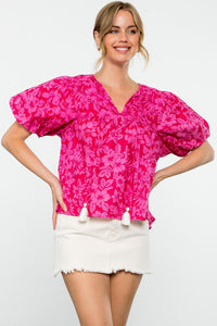 Floral Puff Sleeve Blouse - Pink