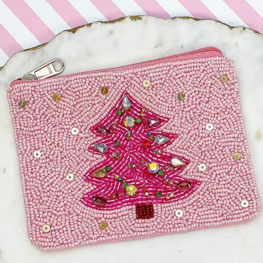 Pink Christmas Beaded Pouch