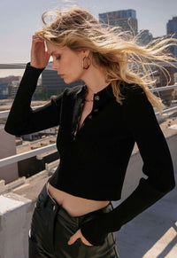 Polo Knit Cropped Top - Black