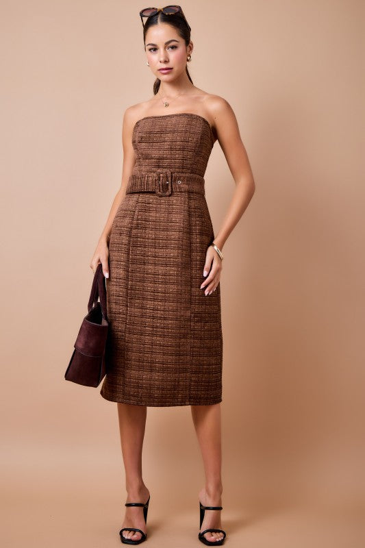 Strapless Tweed Midi Dress - Espresso