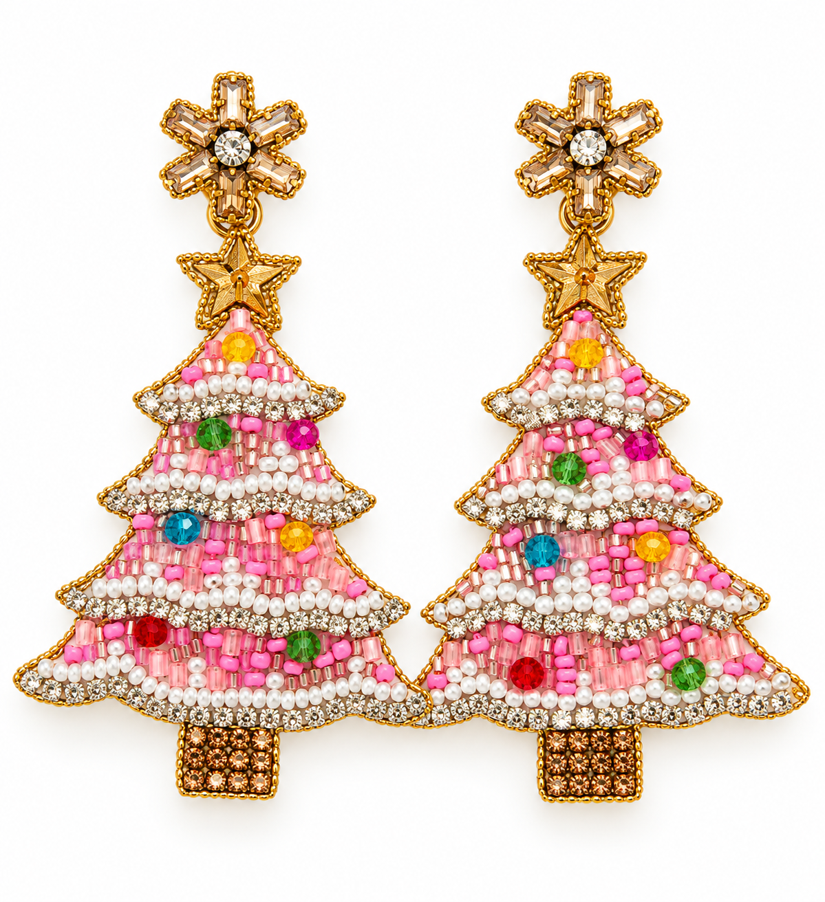 Christmas Tree Beaded Earrings - Pink