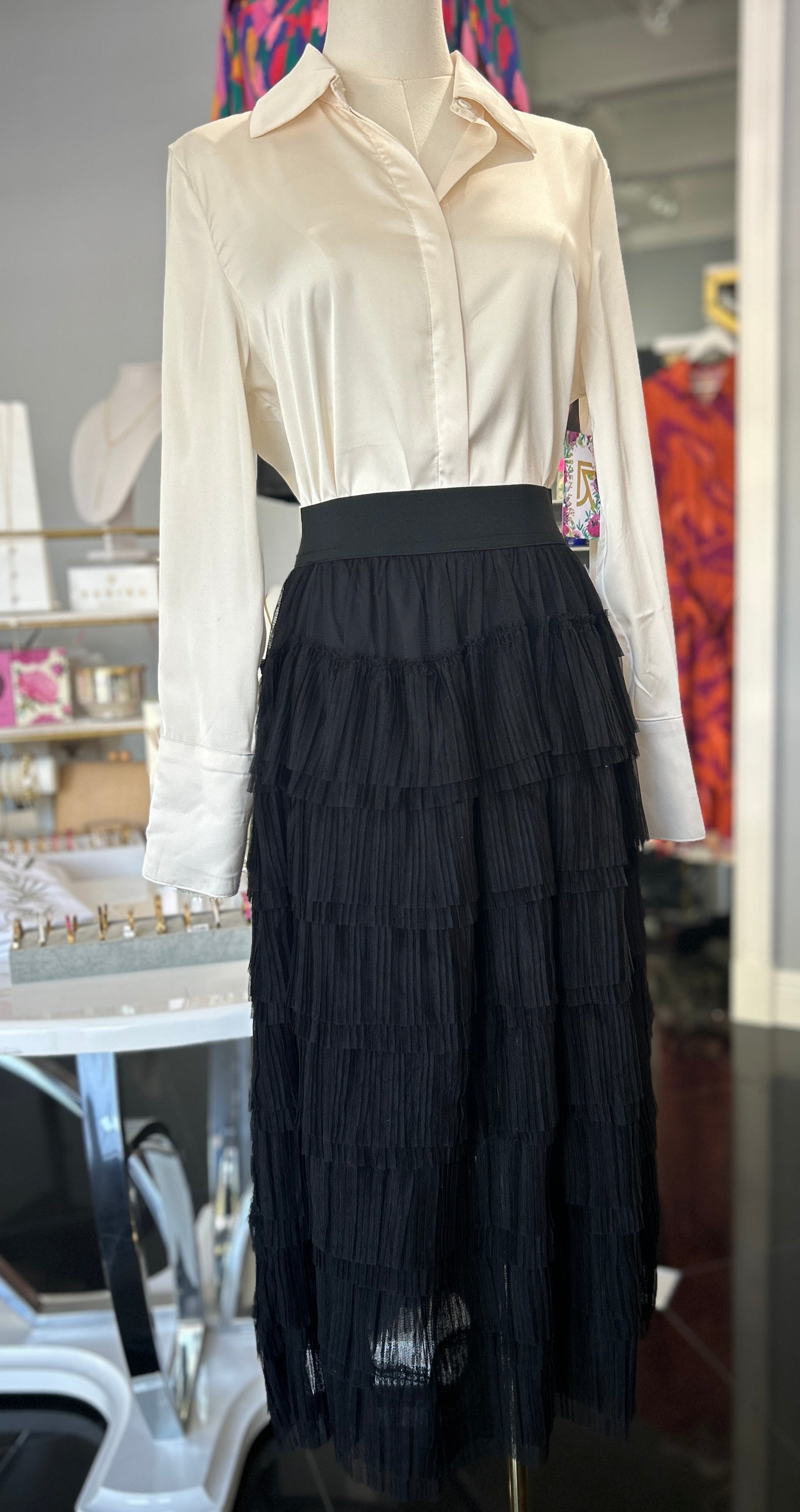 Tulle Tiered Midi Skirt - Black