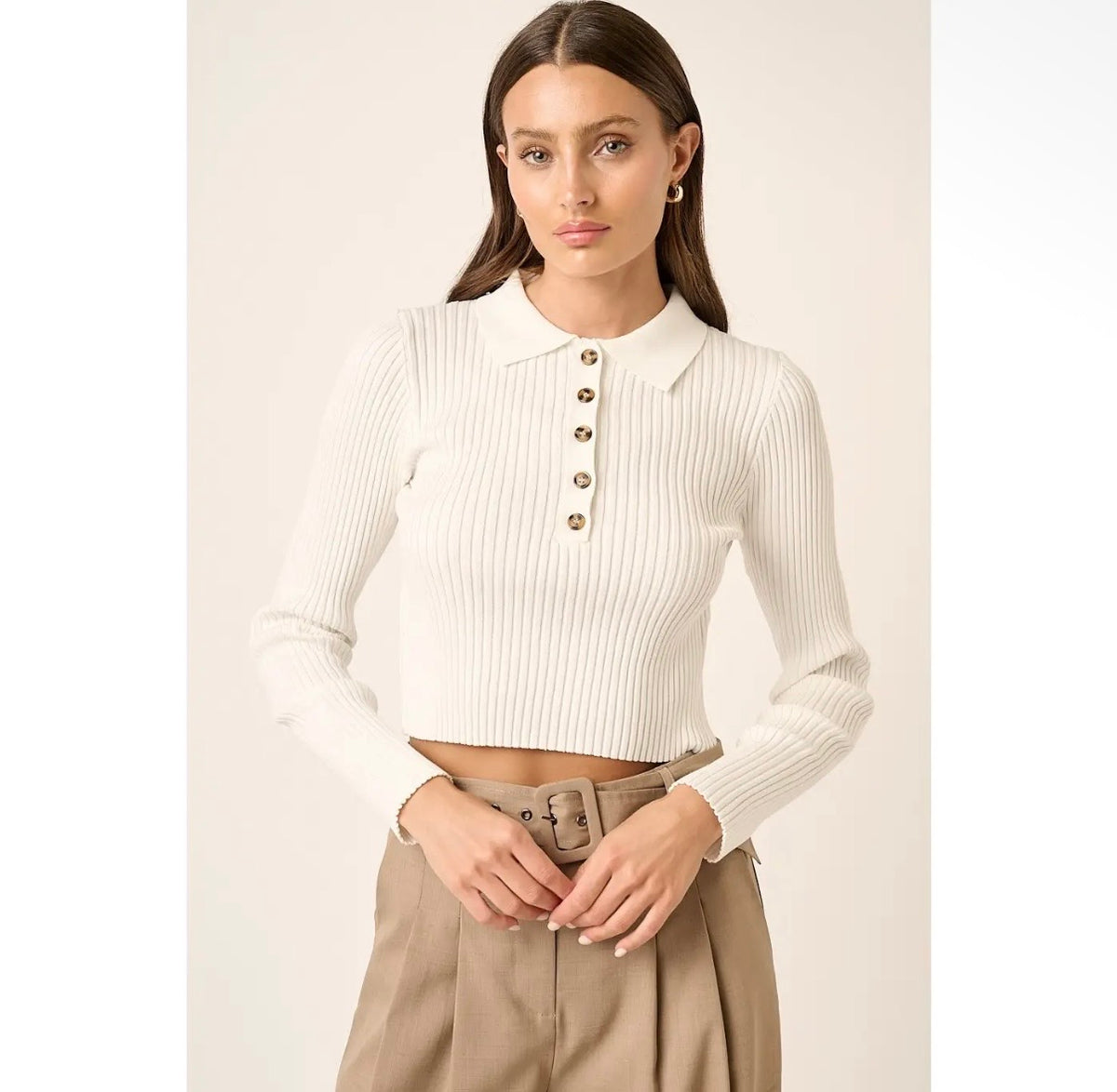 Polo Knit Cropped Top - Ivory