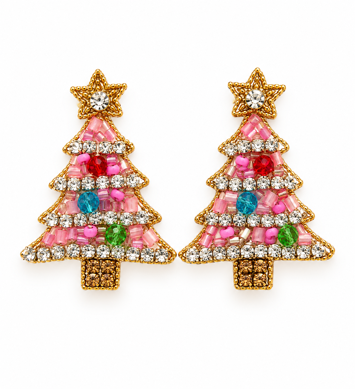 Christmas Tree Beaded Stud Earrings - Pink