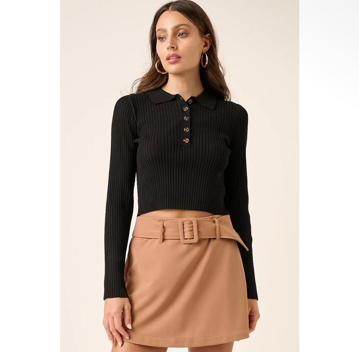 Polo Knit Cropped Top - Black