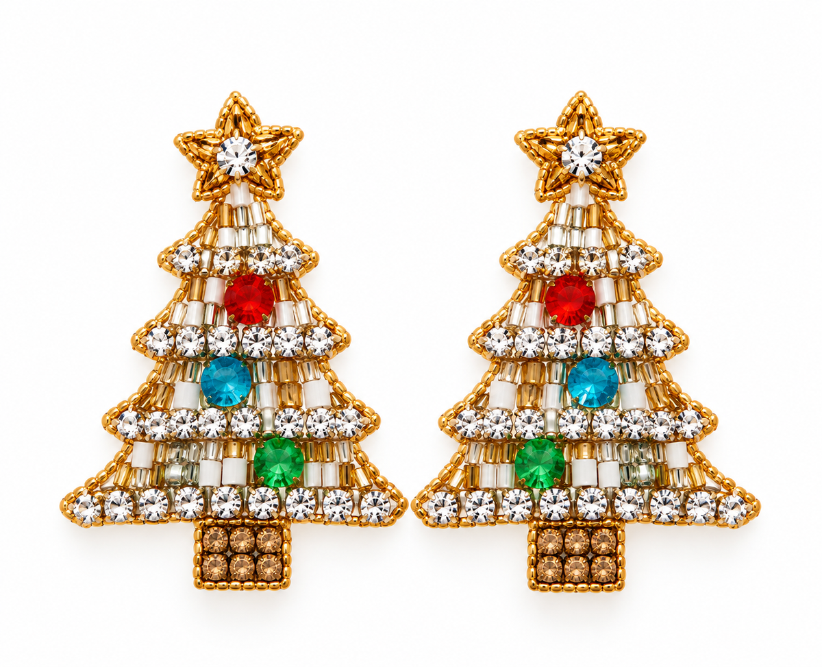 Christmas Tree Beaded Stud Earrings - White