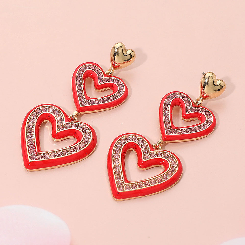 Rhinestone Heart Earrings - Red