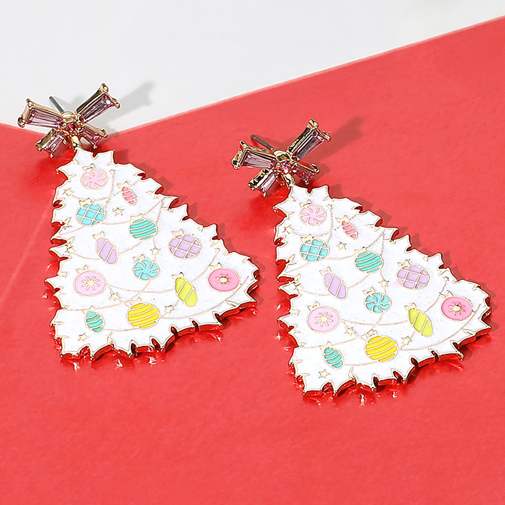 Christmas Tree Earrings - Bow White