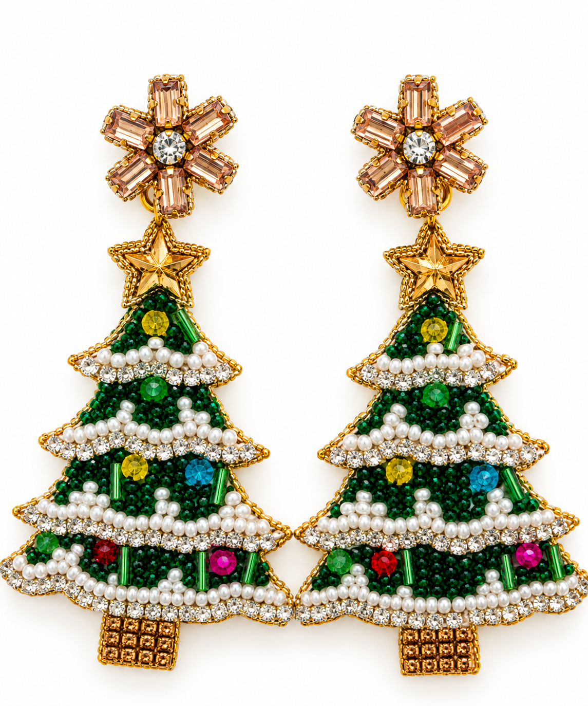 Christmas Tree Beaded Earrings - Green