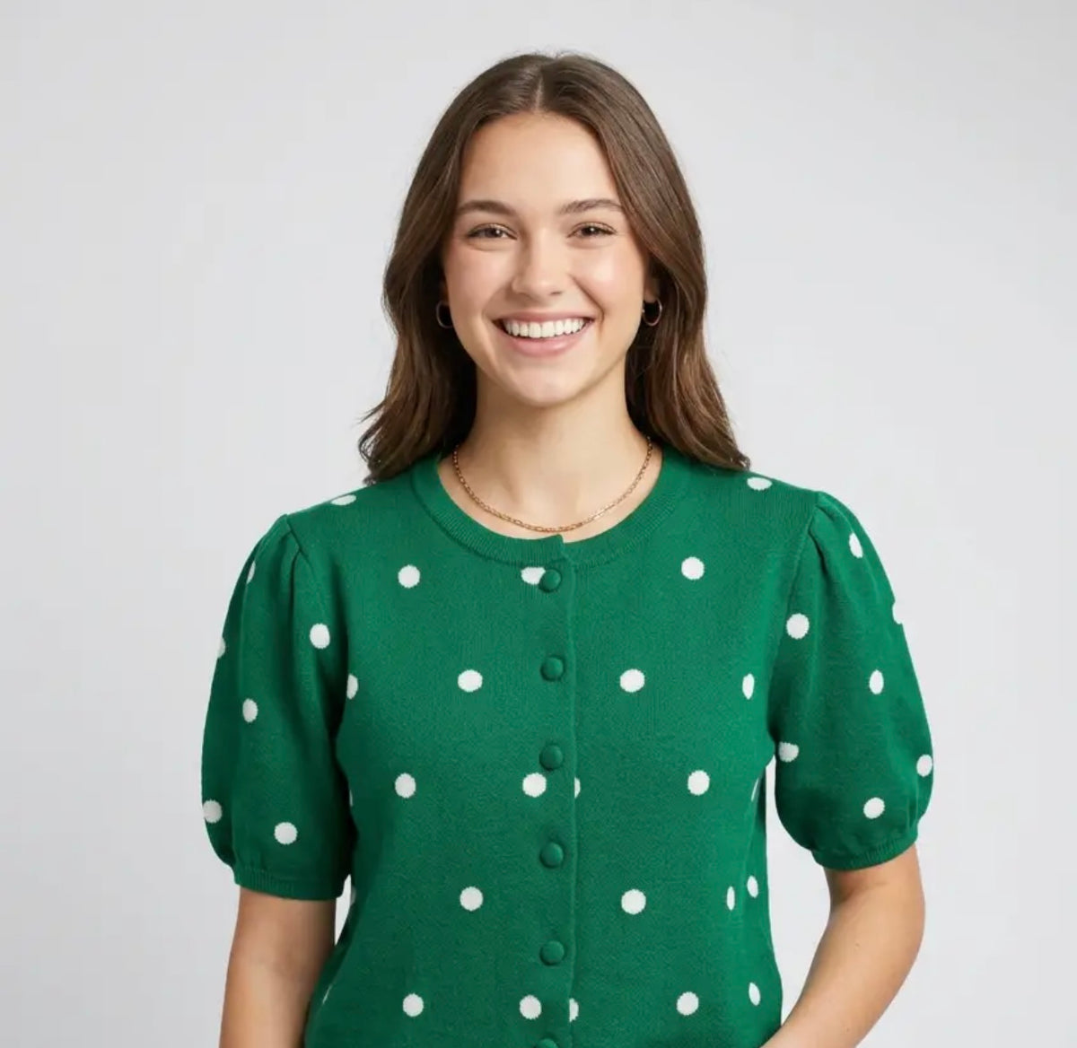 Polka Dot Puff Sleeve Cardigan - Green