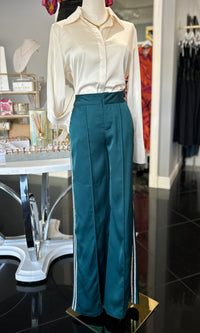Evergreen Satin Trousers with Embellished Rhinestones