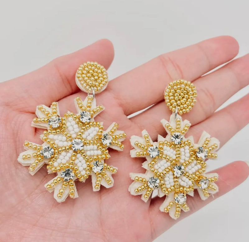 Snowflake Beaded Earrings - Gold