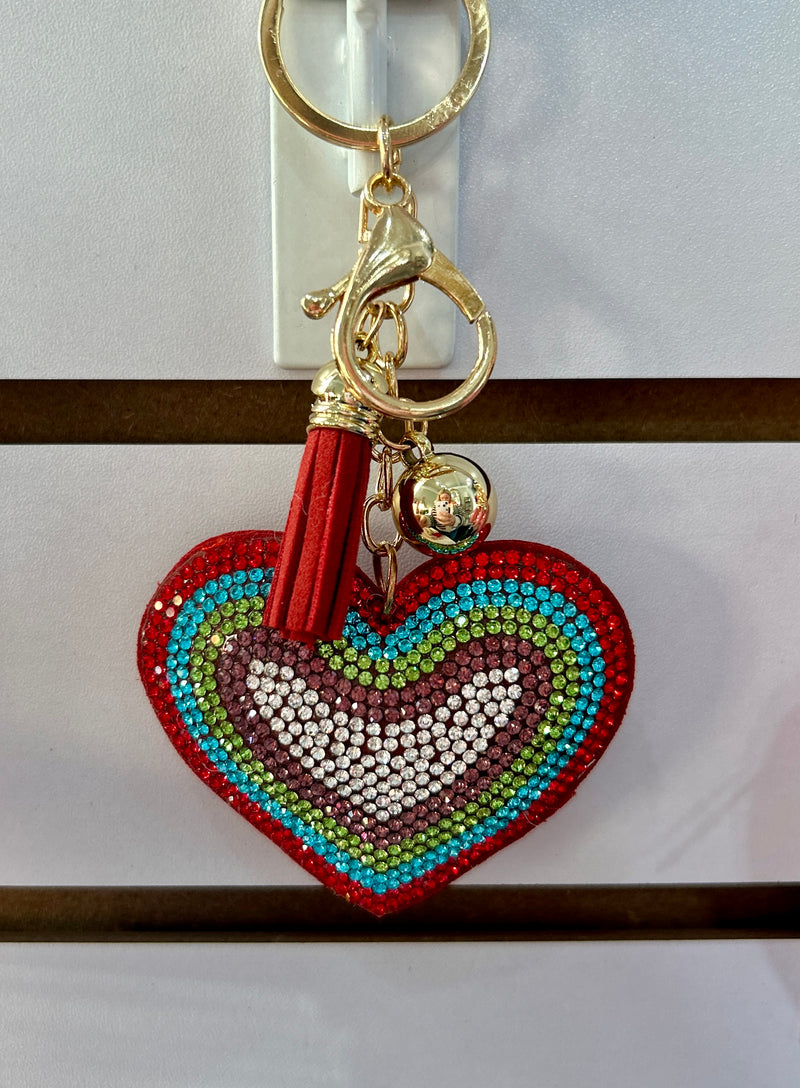 Rhinestone Rainbow Heart Bag Charm - Red/Multi