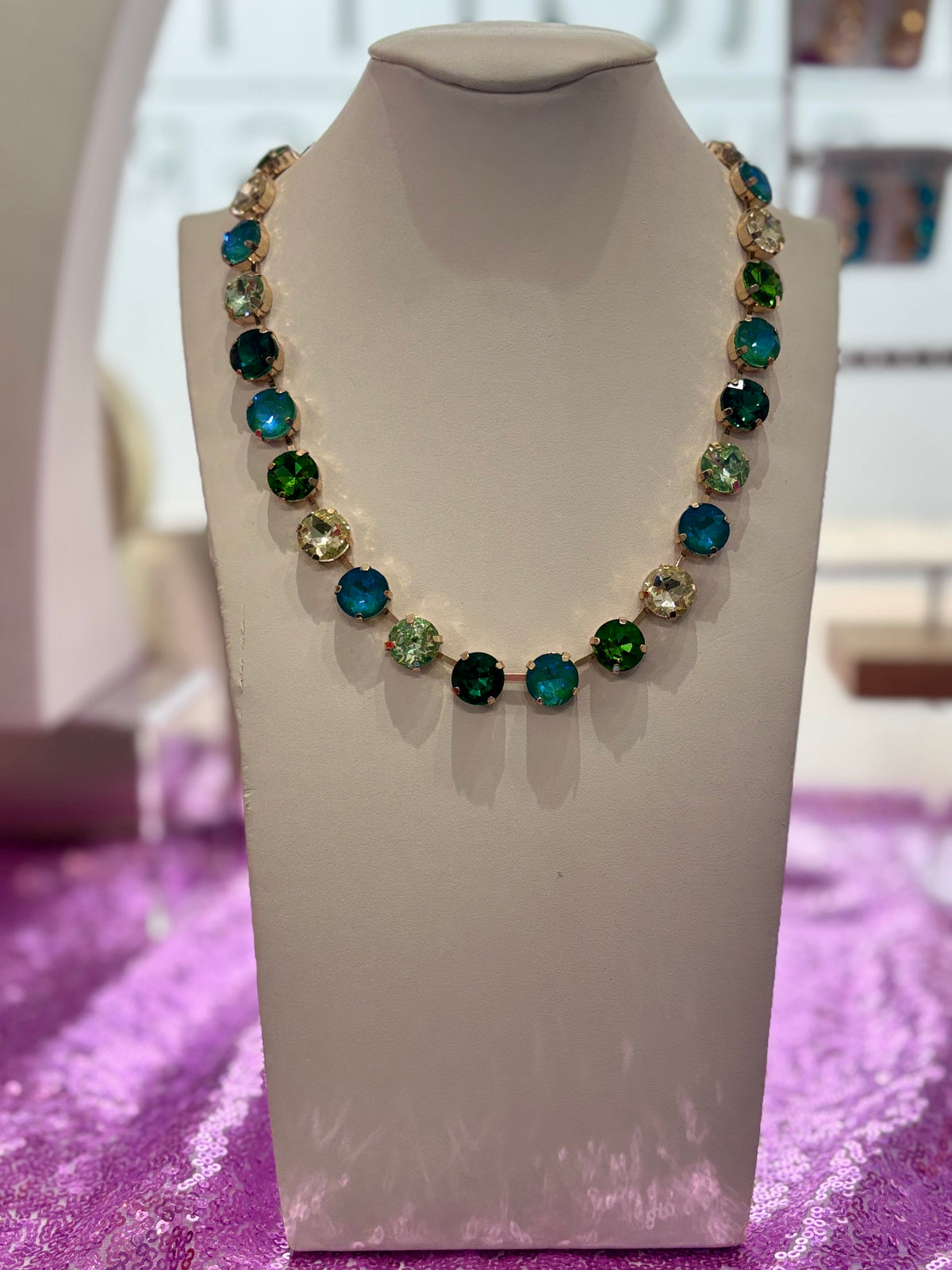 Crystal Vault Tennis Necklace - Green Mix