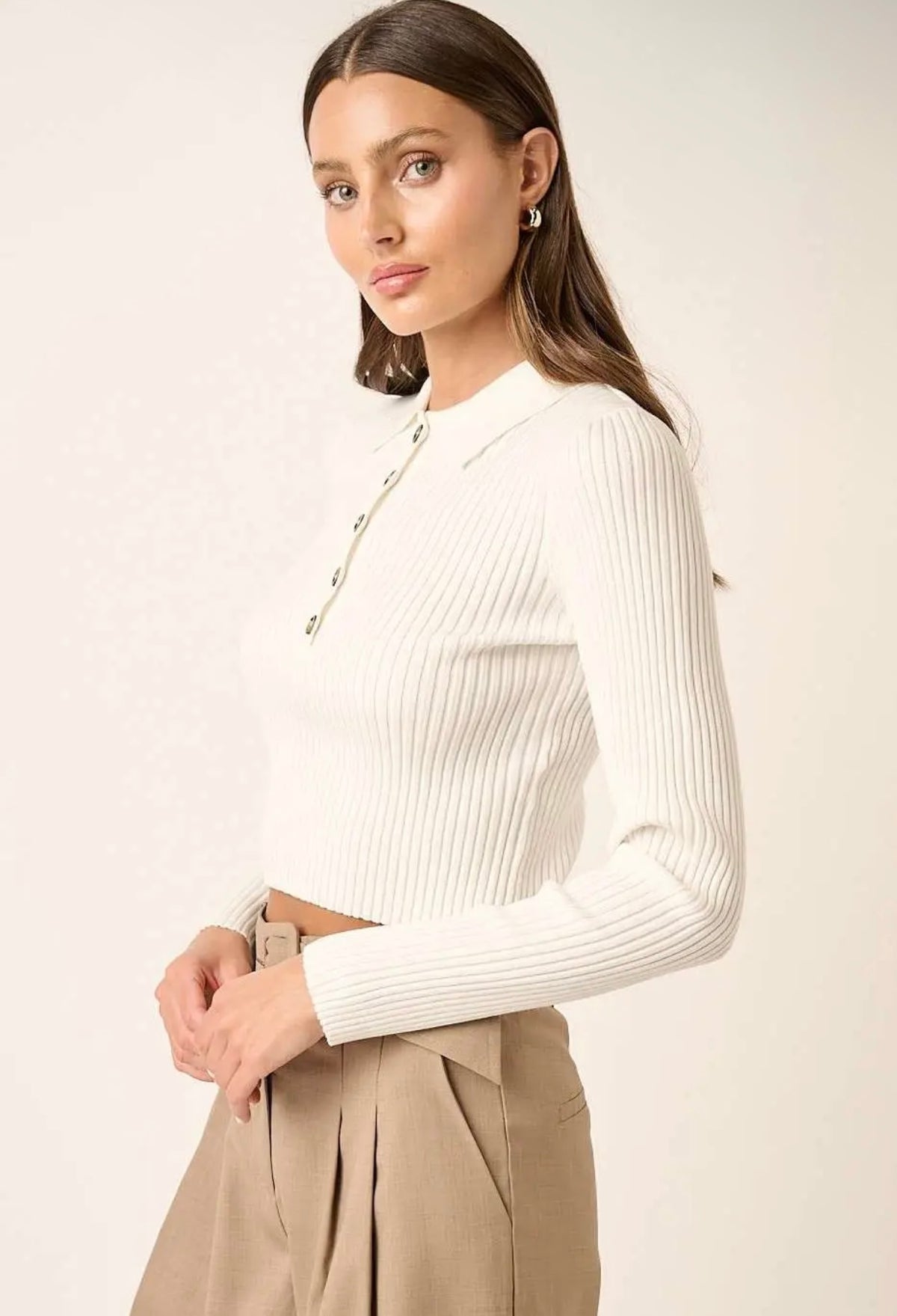 Polo Knit Cropped Top - Ivory