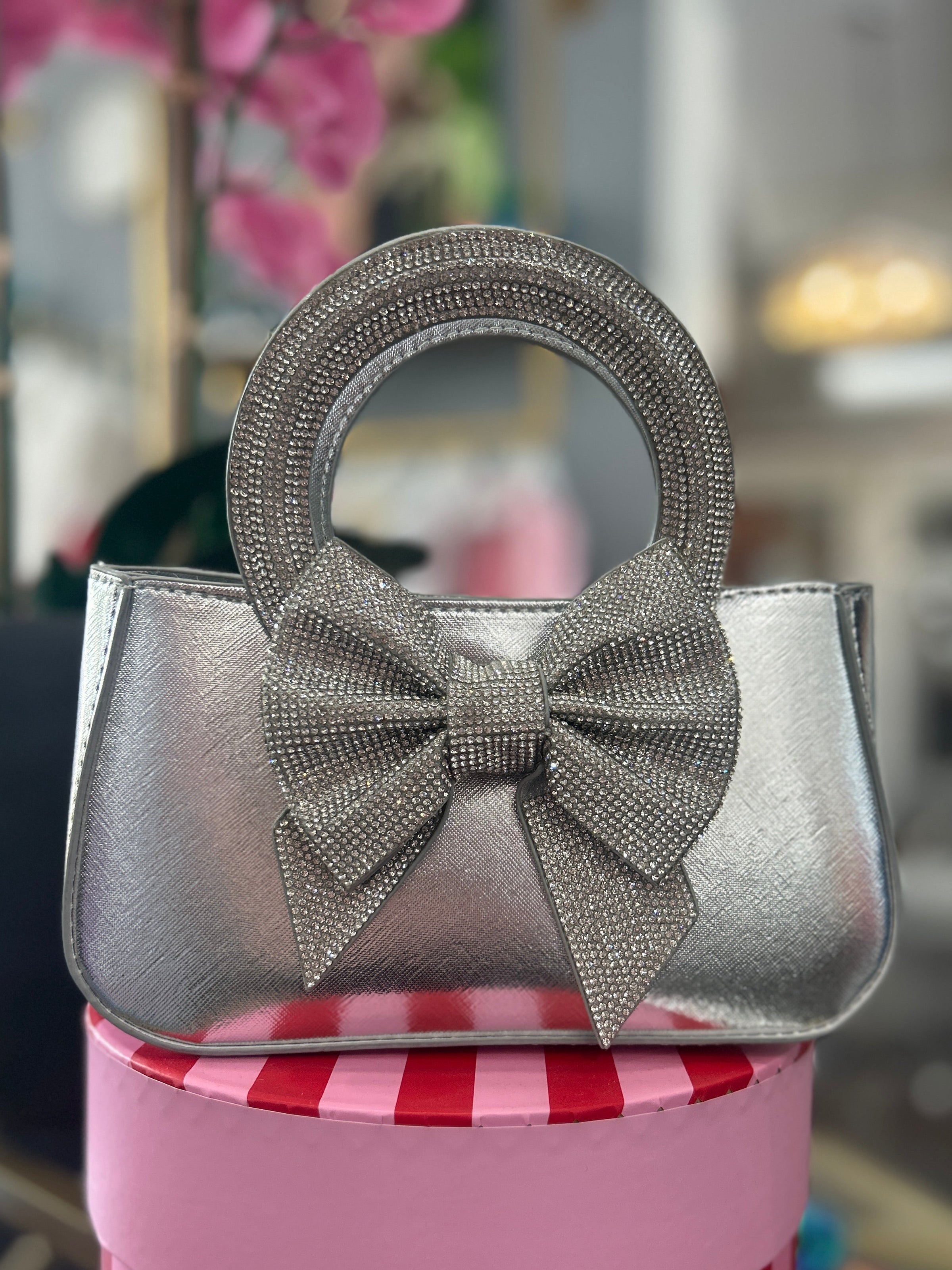 Rhinestone Bow Handbag - Silver