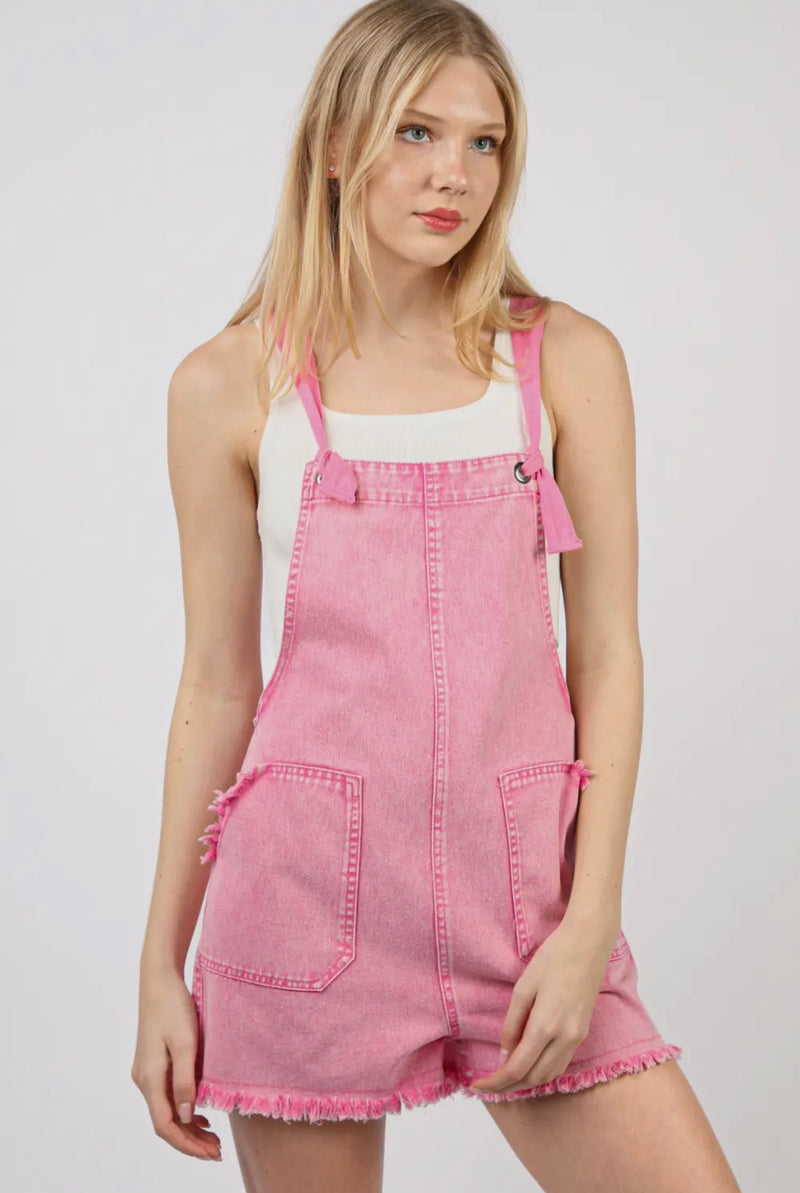 Denim Washed Romper - Pink