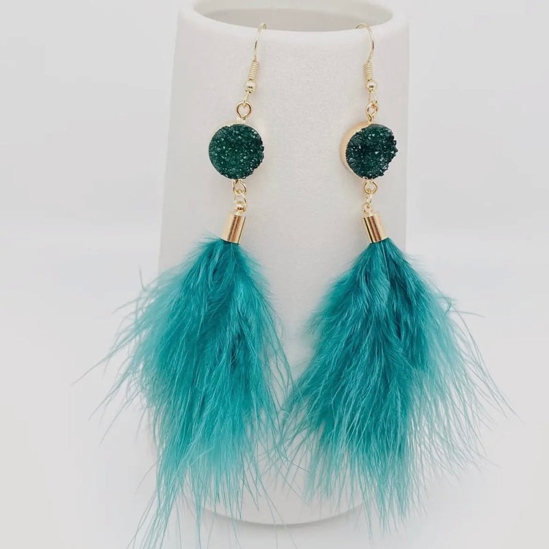 Feather Tassel Earrings - Emerald Green