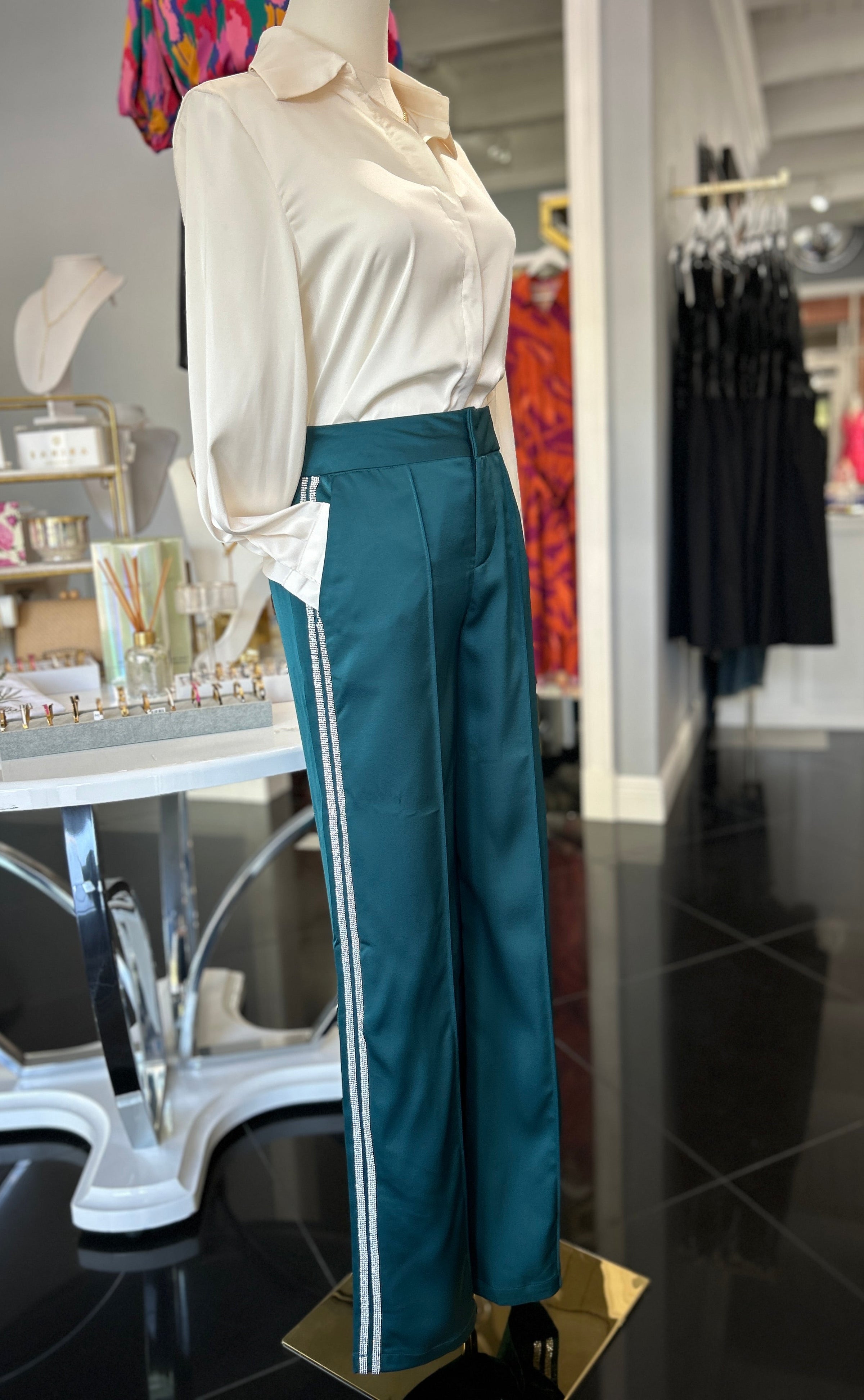 Evergreen Satin Trousers with Embellished Rhinestones