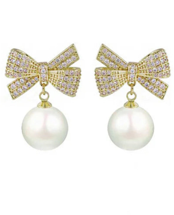 Pearl Bow Earrings - White