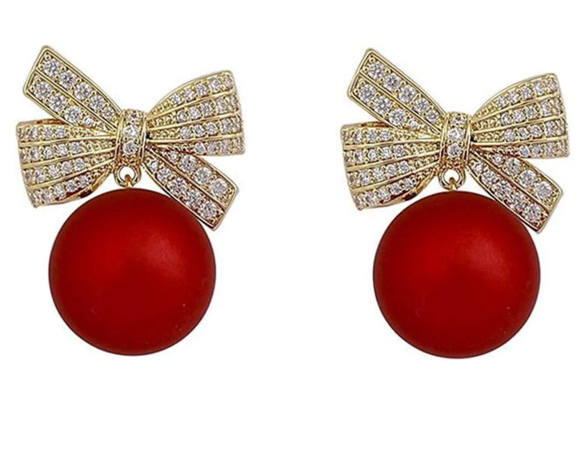 Pearl Bow Earrings - Red