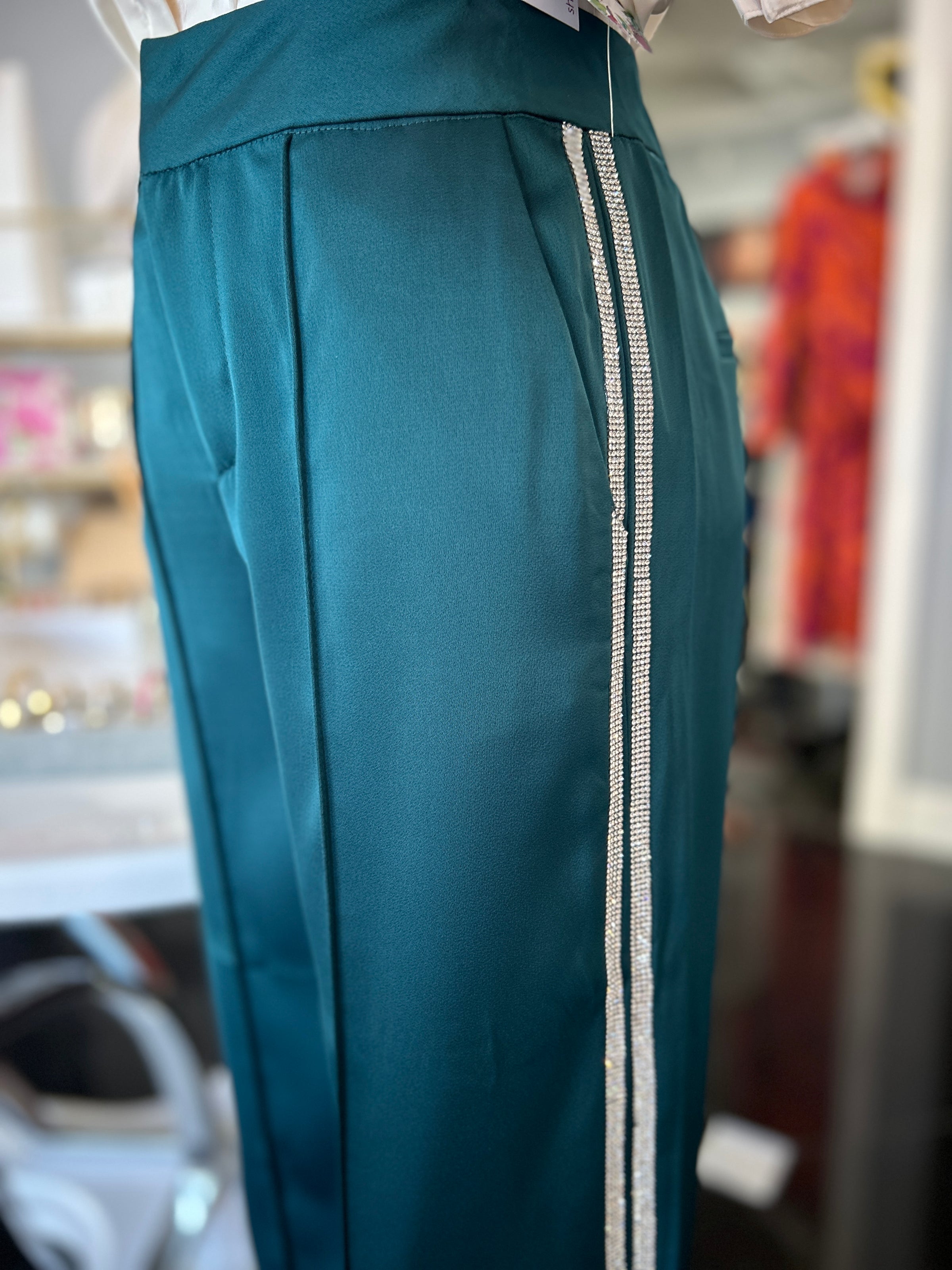 Evergreen Satin Trousers with Embellished Rhinestones