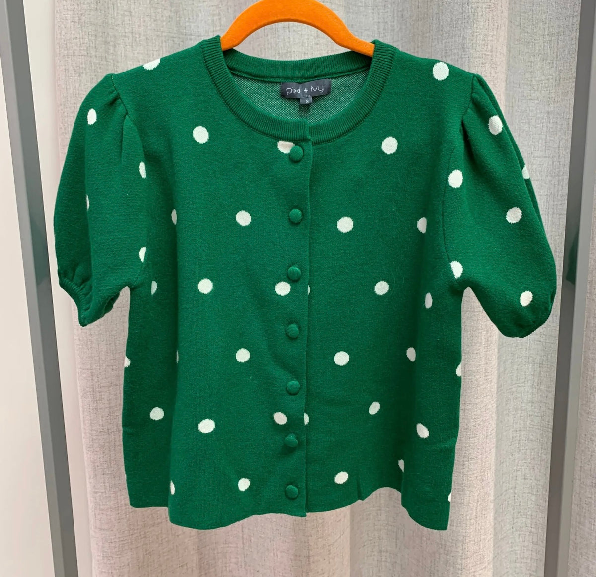 Polka Dot Puff Sleeve Cardigan - Green