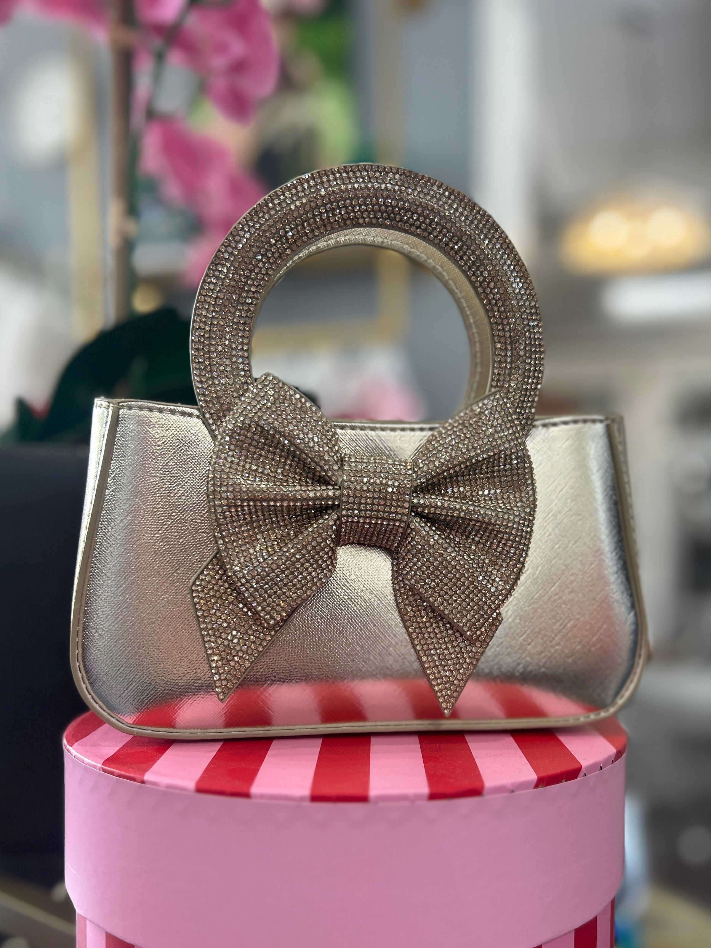 Rhinestone Bow Handbag - Gold