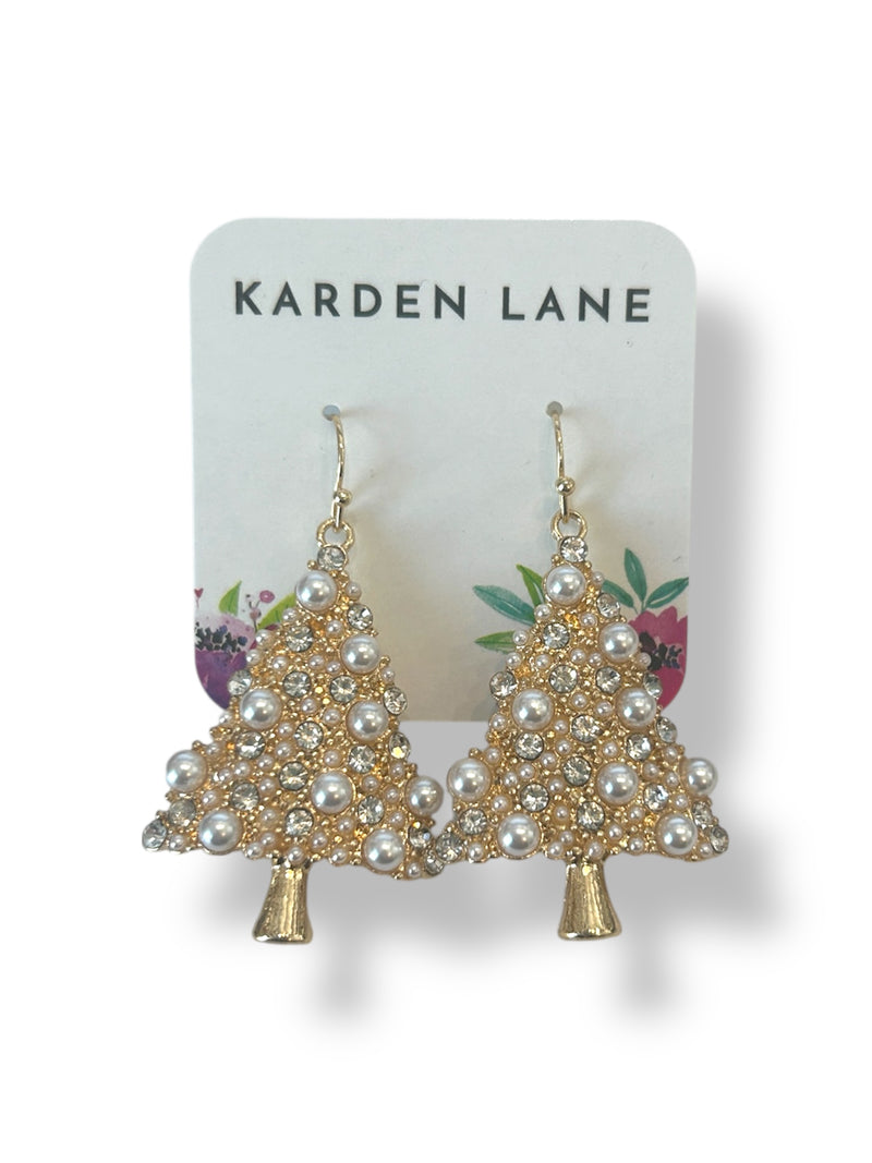 Rhinestone Pearl Christmas Tree Earrings - Gold
