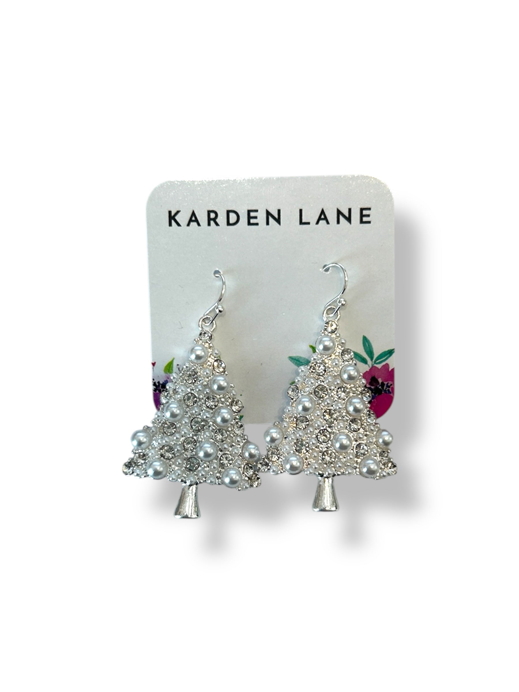 Rhinestone Pearl Christmas Tree Earrings - Silver
