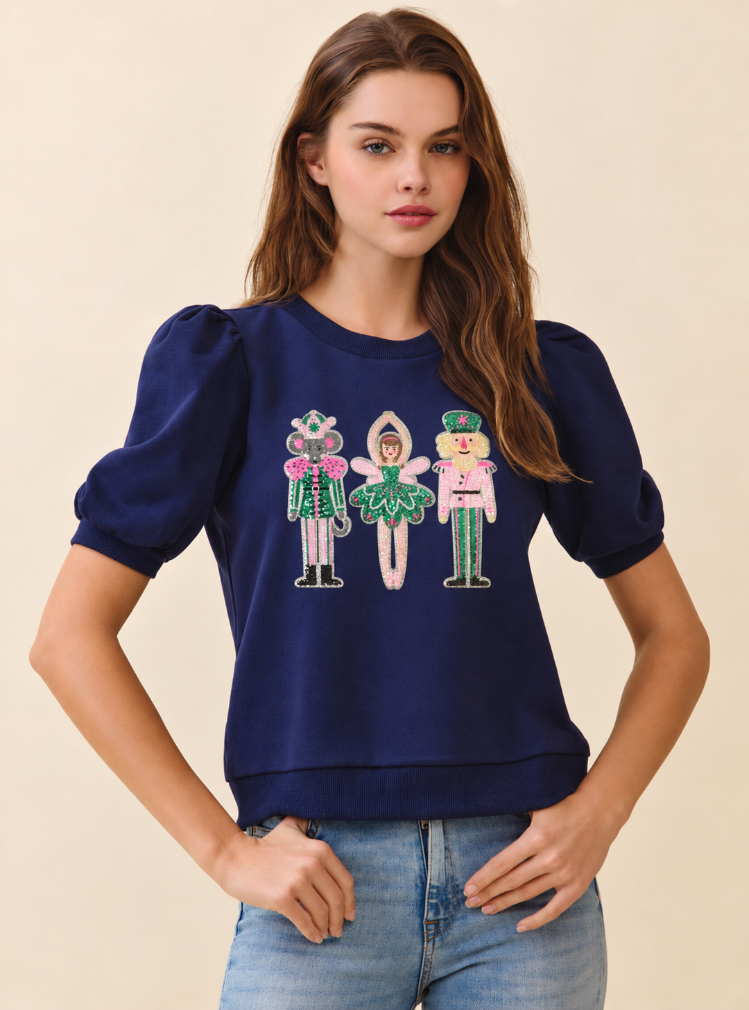 Christmas Puff Sleeve - Nutcracker Trio Navy