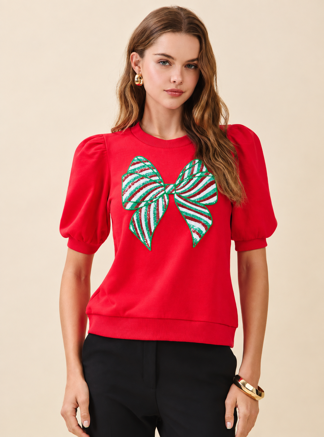 Christmas Puff Sleeve - Sequin Bow Red